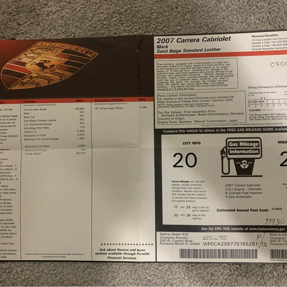Porsche 2007 Carrera Cabriolet window sticker